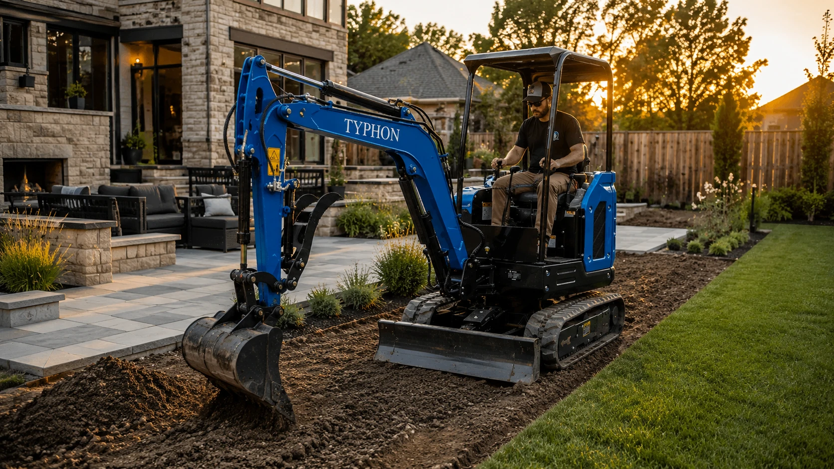 Compact mini excavator working in a residential backyard